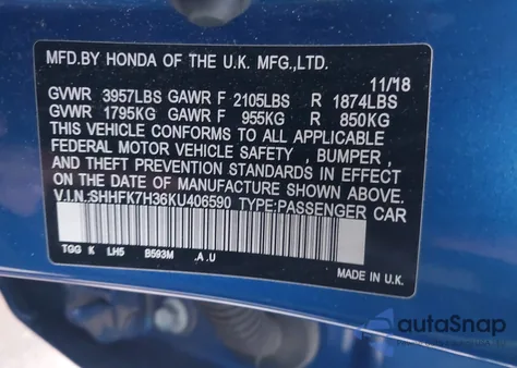 2019 Honda Civic Lx from USA, damaged, VIN SHHFK7H36KU406590